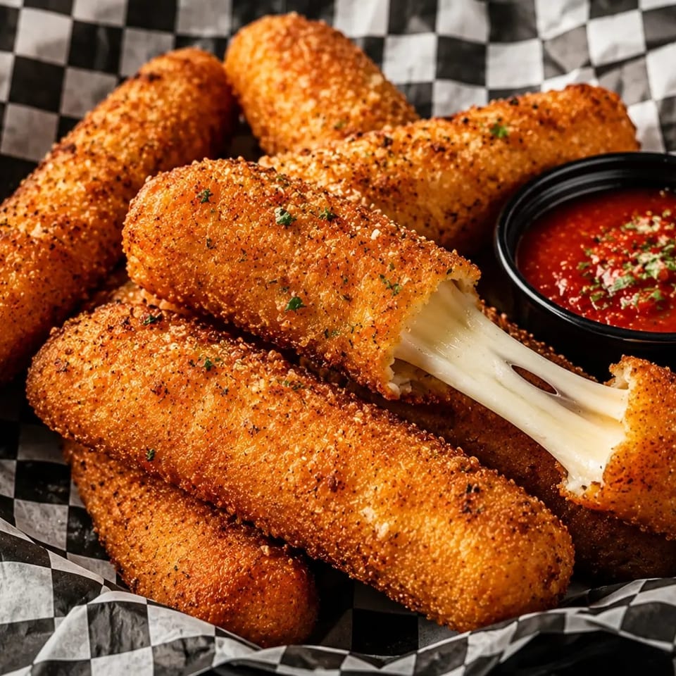 Golden-brown mozzarella sticks with stringy cheese, served in a checkered basket with marinara sauce.