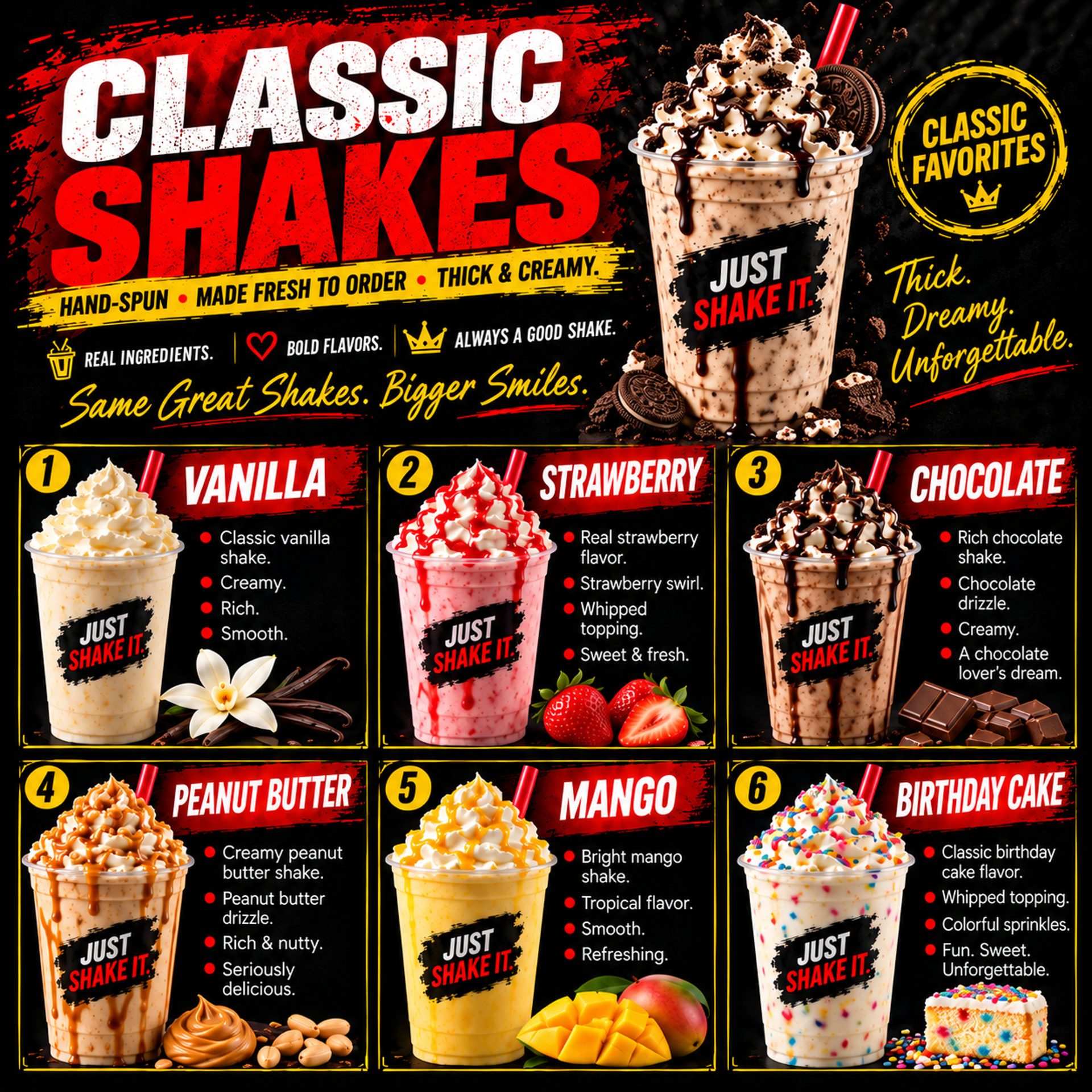 Thick shakes, cold drinks, and the perfect finish to every smash.