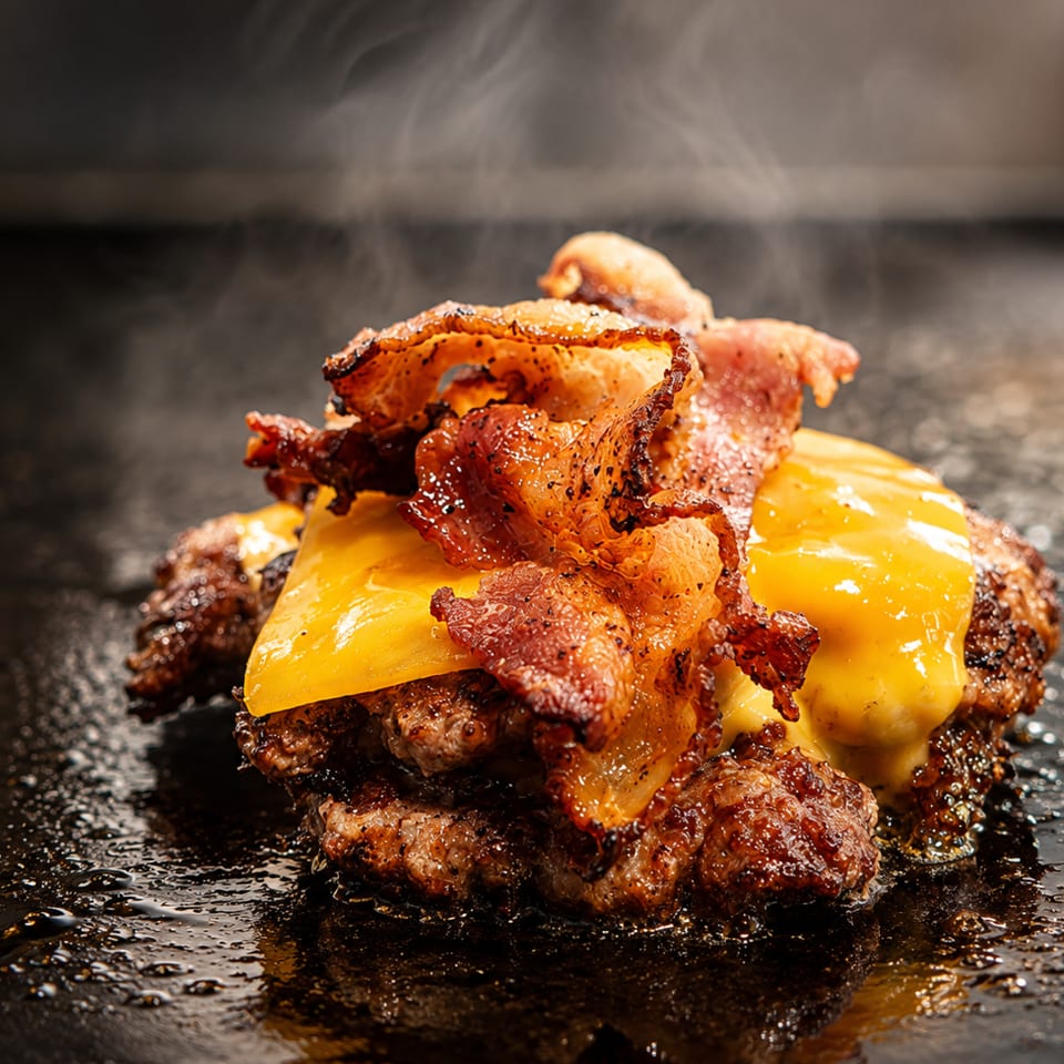 Juicy double cheeseburger topped with crispy bacon and melted cheddar, glistening on a dark grill surface.