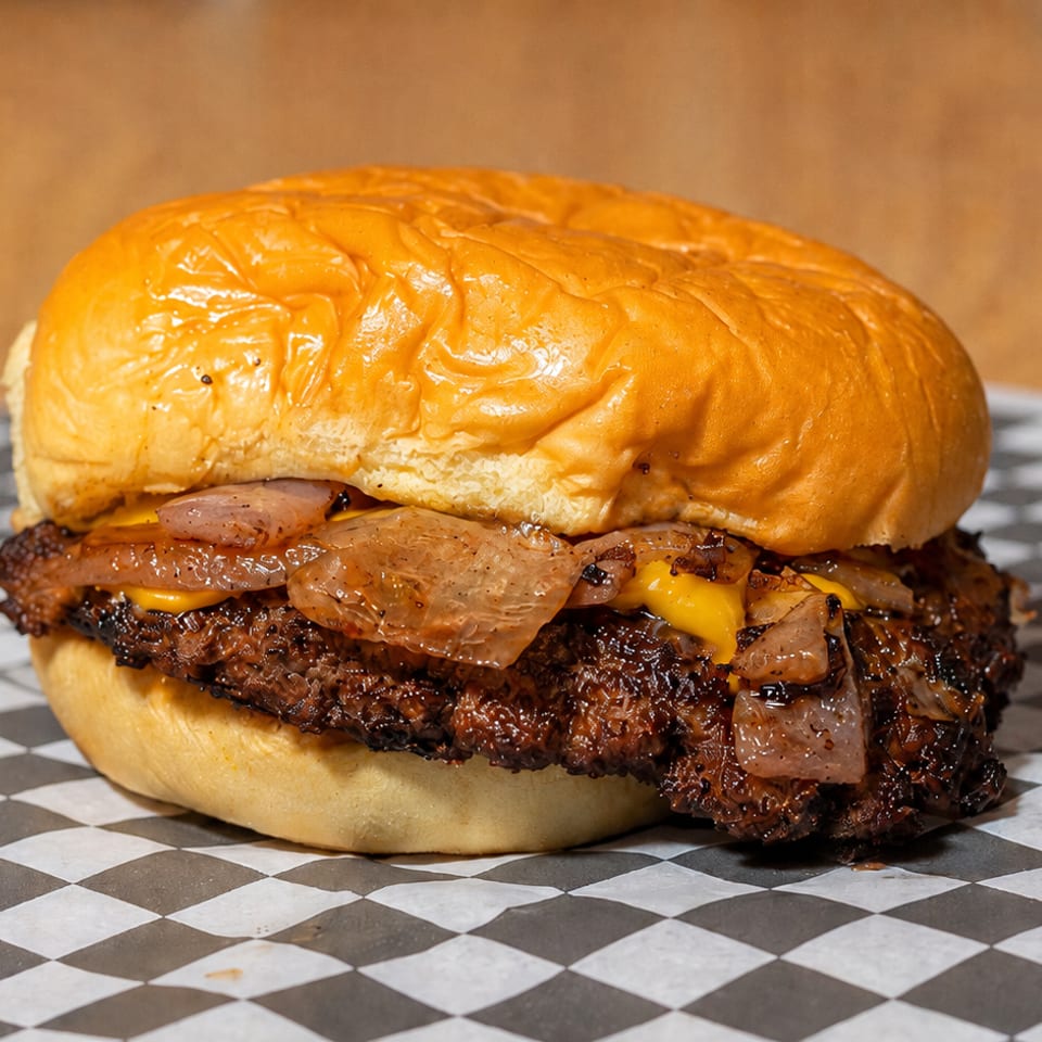 Cheeseburger with grilled onions on a brioche bun, served on black and white checkered paper.