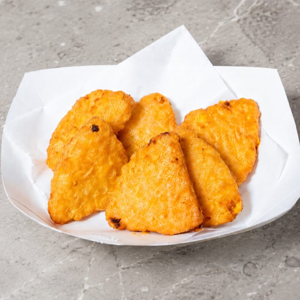 Golden fried hash brown patties served in a white paper tray on a grey countertop.