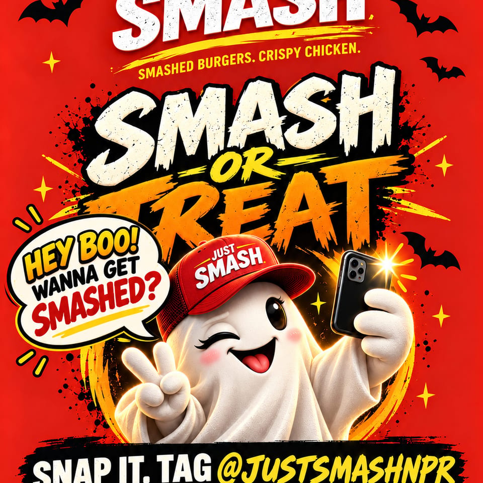 Halloween-themed Just Smash promotional poster featuring a smiling ghost mascot holding a smartphone, bats, and bold branding.