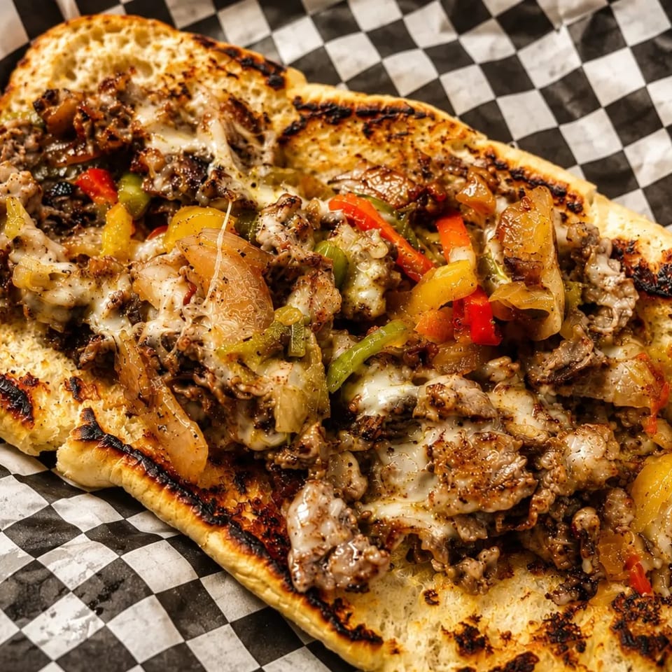 A delicious cheesesteak sandwich with melted cheese, grilled onions, and peppers on toasted bread.