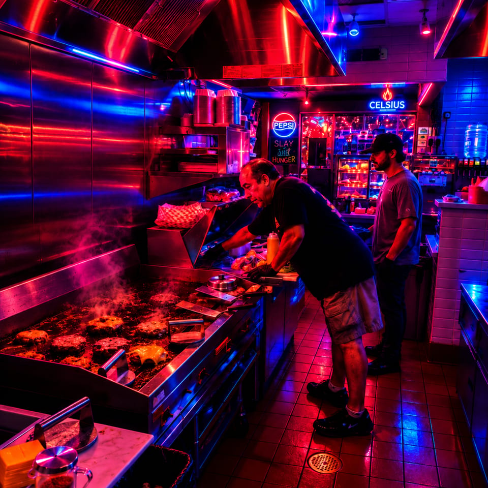 Two cooks prepare burgers on a steaming grill inside a neon-lit restaurant kitchen.
