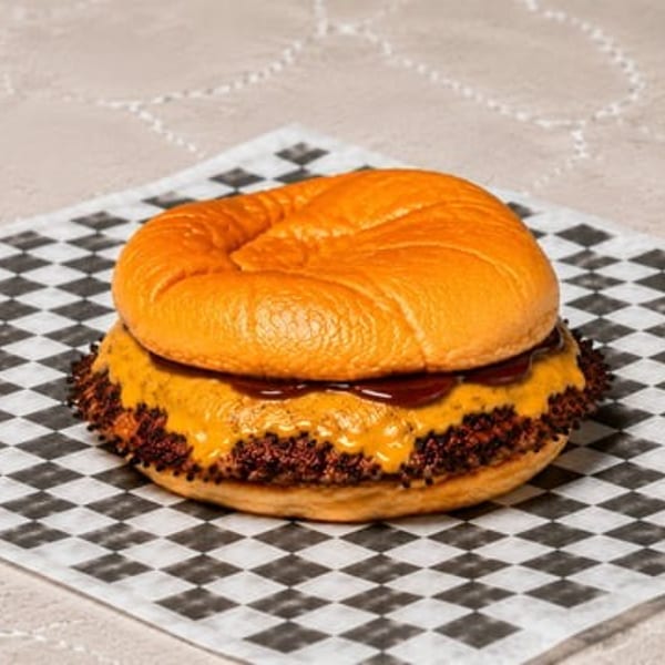 A smash burger with melted cheese and dark sauce on a golden bun, served on checkered paper.