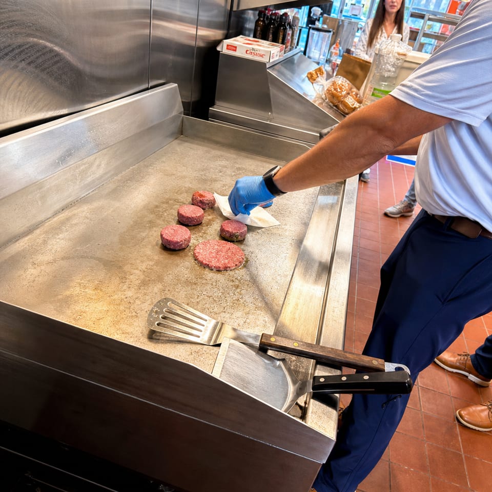 Restaurant cook in blue gloves places raw burger patties on a large stainless-steel grill while staff and supplies appear behind the counter.