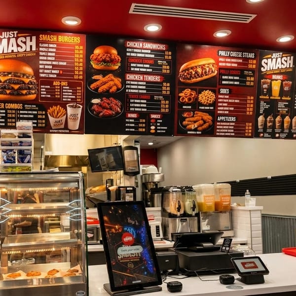 A brightly lit fast-food counter with large menu boards displaying burgers, chicken, and ice cream.
